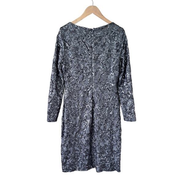 NEW Lauren RALPH LAUREN Gray Sequin Cocktail Dress Size 14 Long Sleeve Sheath - Picture 8 of 9